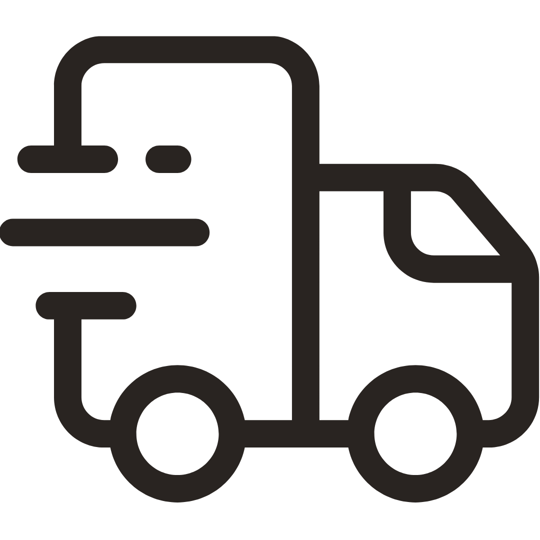 A minimalist black line icon of a delivery truck on a solid white background.