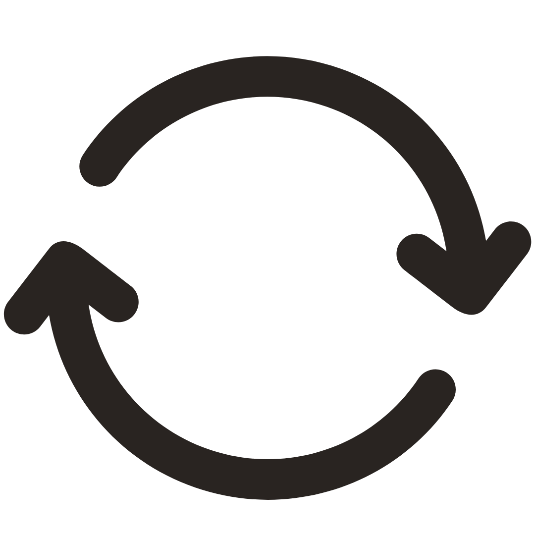 A dark brown circular refresh or reload icon with arrows curving in a clockwise direction on a solid white background.