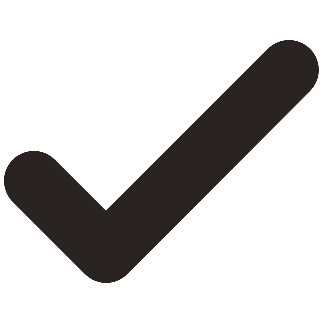A dark brown checkmark icon on a solid white background.