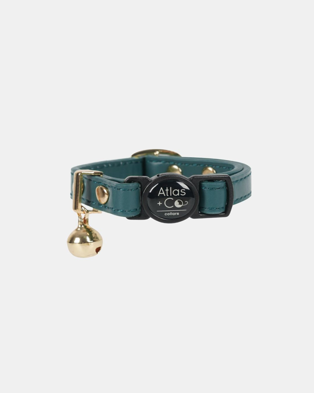 Teal leather cat collar with gold bell and 'Atlas + Co' tag on a white background #colour_Atlas