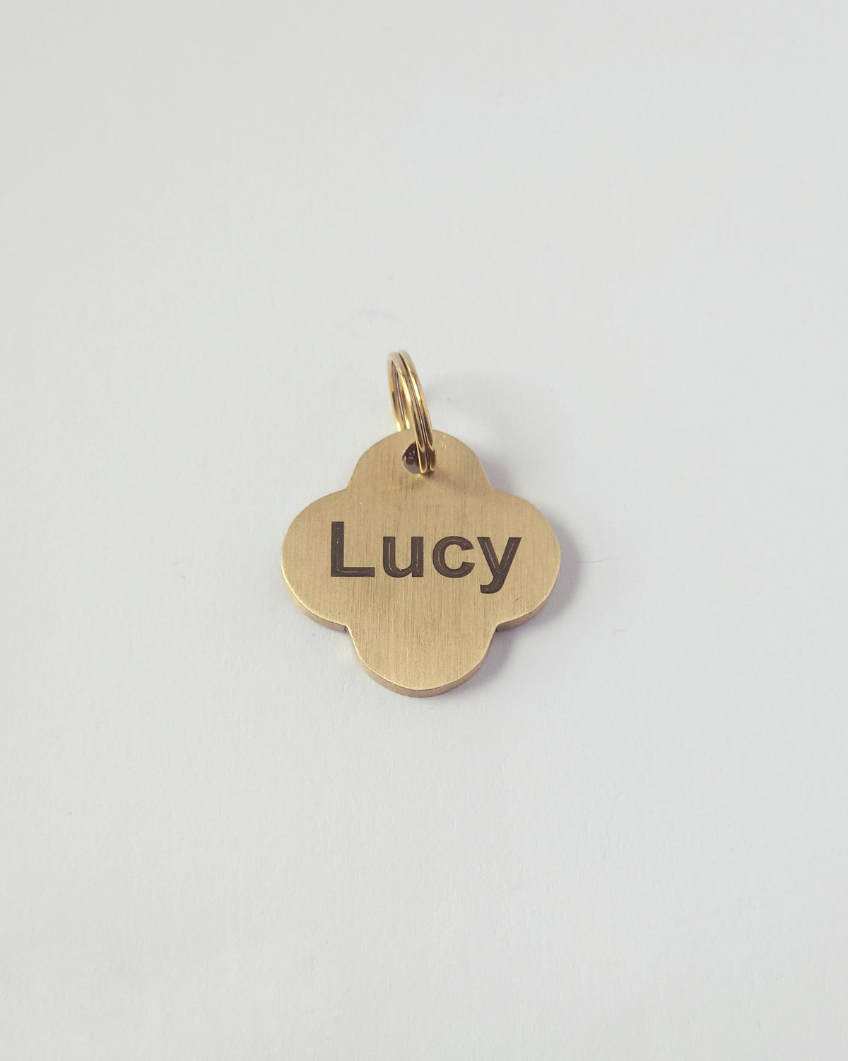 A small gold-toned metal charm shaped like a clover with the name 'Lucy' engraved in black on the center, photographed on a plain light background. #shape_motif