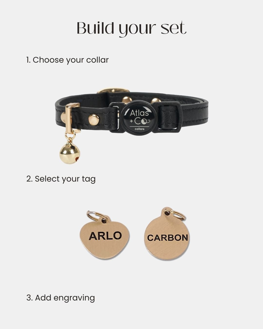 Pet collar with two name tags labeled 'ARLO' and 'CARBON' on a white background.