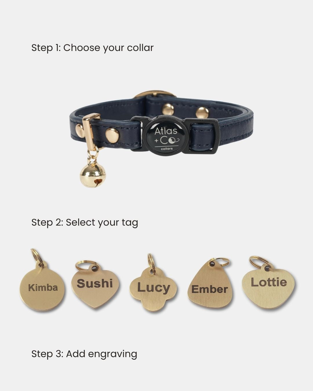 Pet collar with five name tags on a white background.