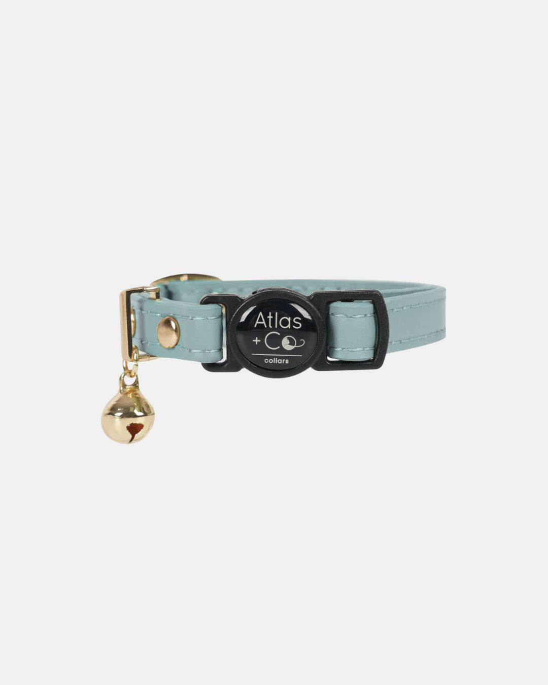 Light blue cat collar with a bell and 'Atlas & Co' tag on a white background #colour_cove