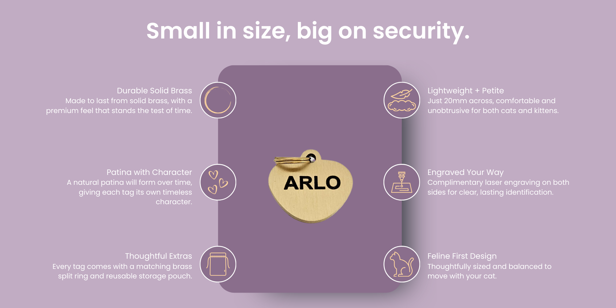 Purple pet tag with 'ARLO' branding and text highlighting features on a light purple background.