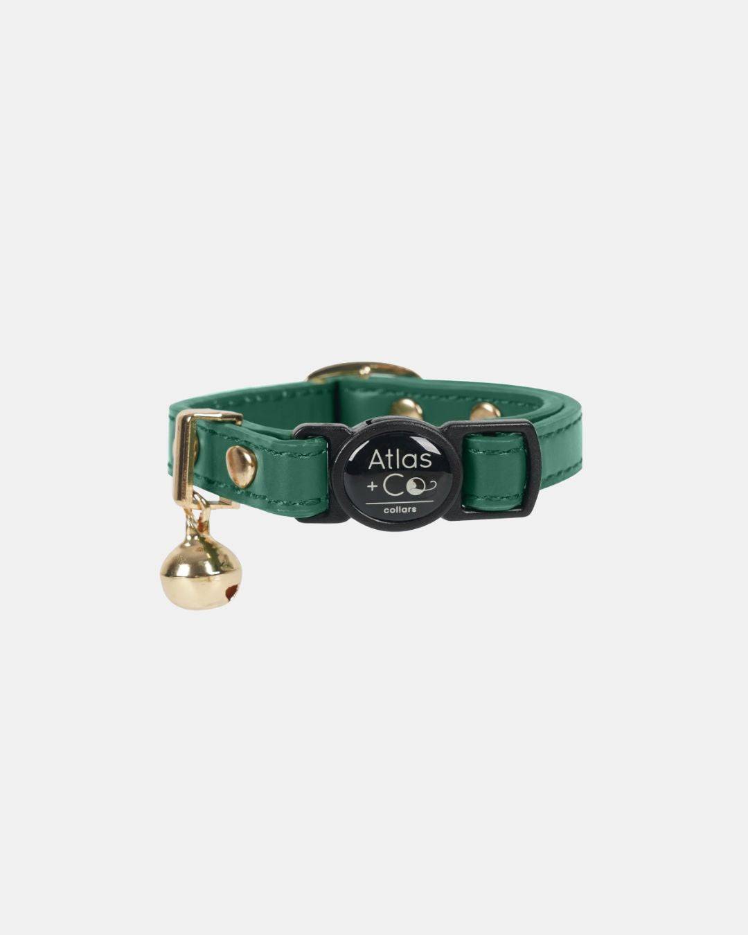 Green leather cat collar with a gold bell on a white background #colour_botanica