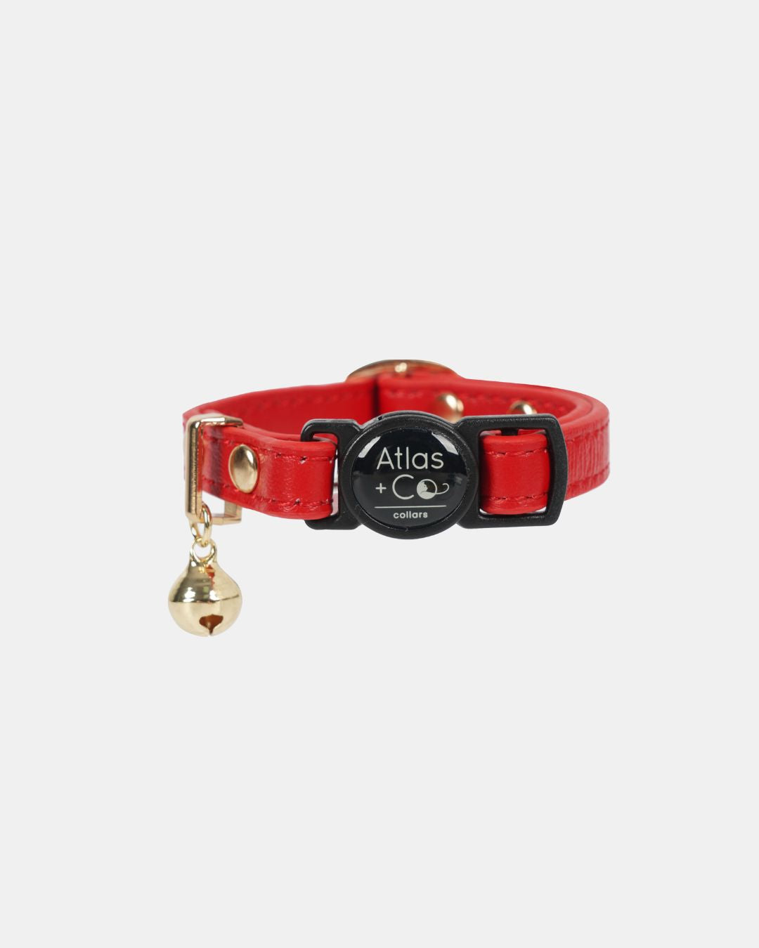 Red cat collar with a gold bell and black tag on a white background #colour_poppy