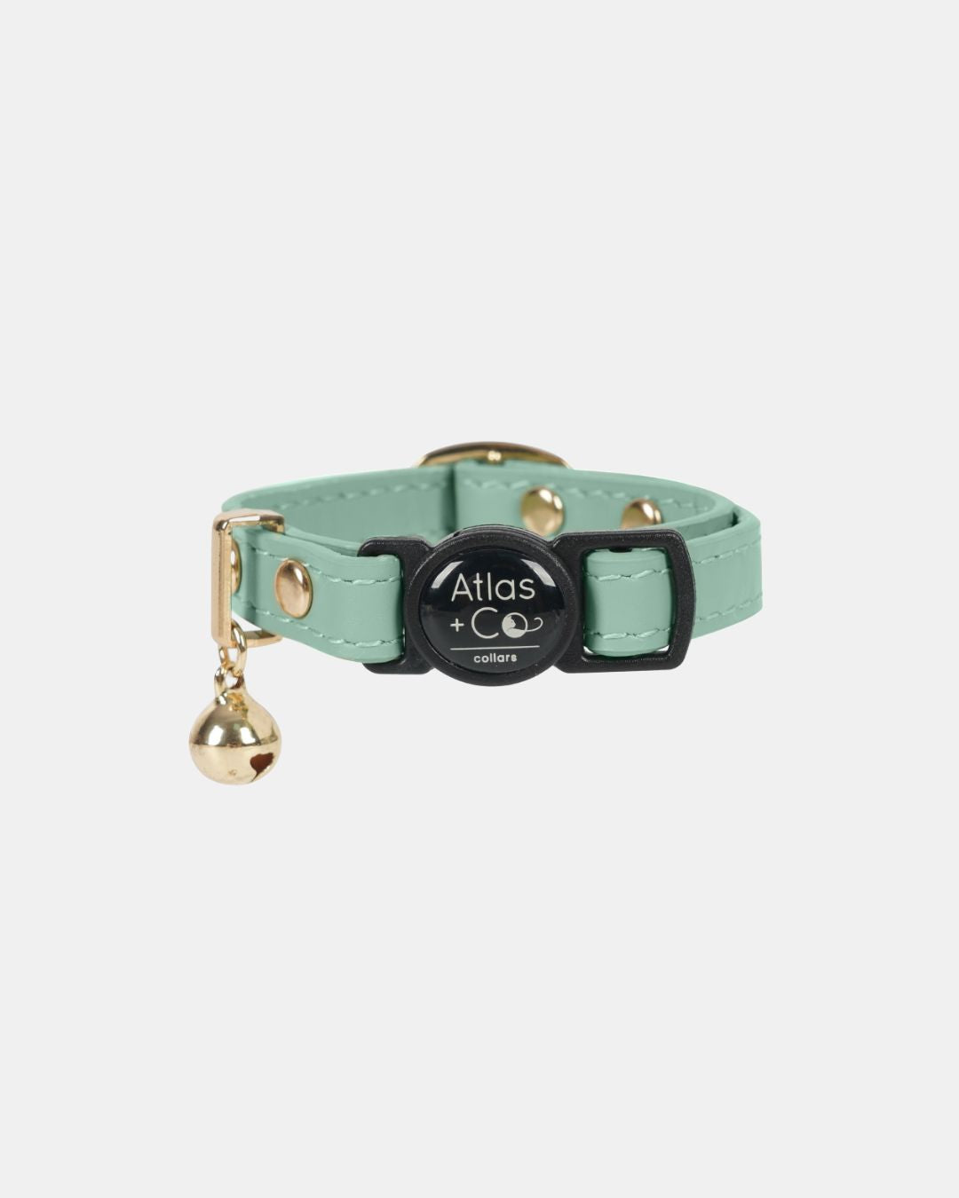 Sage green cat collar with gold bell on a white background #colour_sage