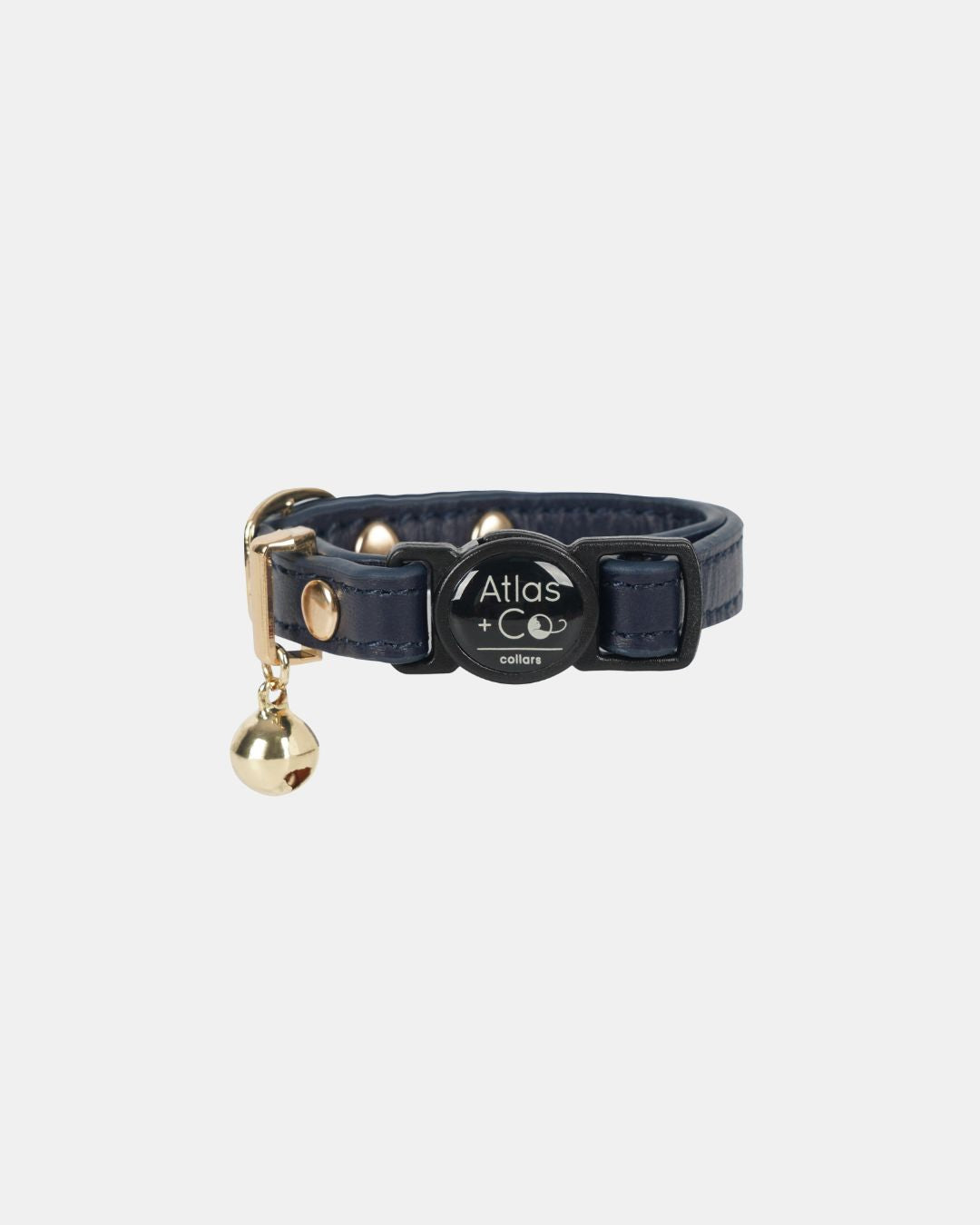 Navy leather cat collar with gold hardware and bell on a white background #colour_sailor