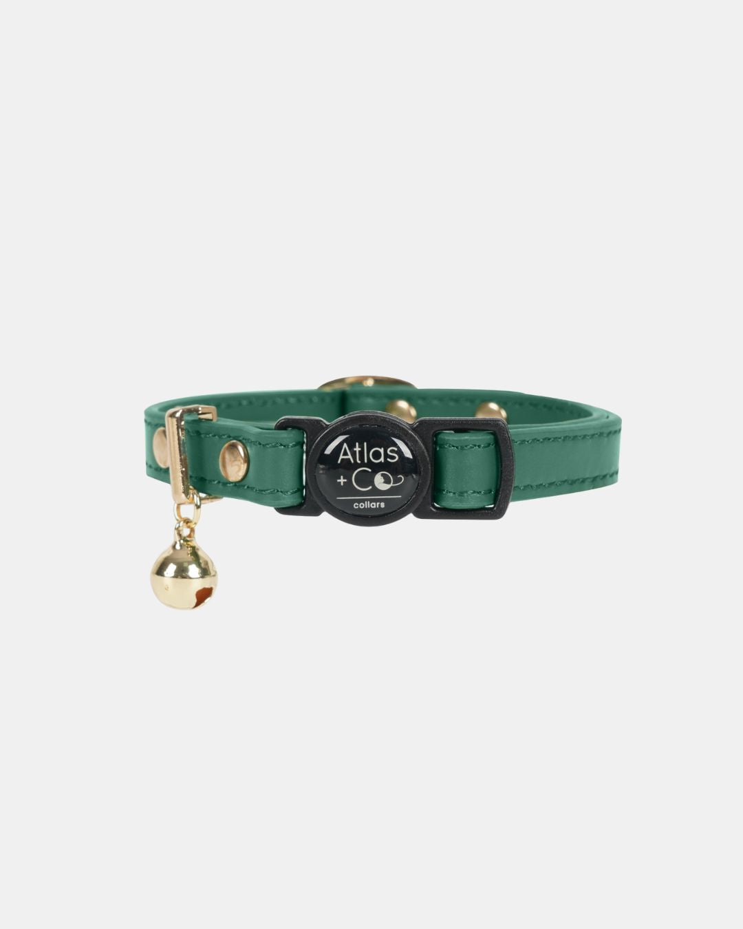 Green cat collar with a bell and 'Atlas & Co' tag on a white background #colour_botanica