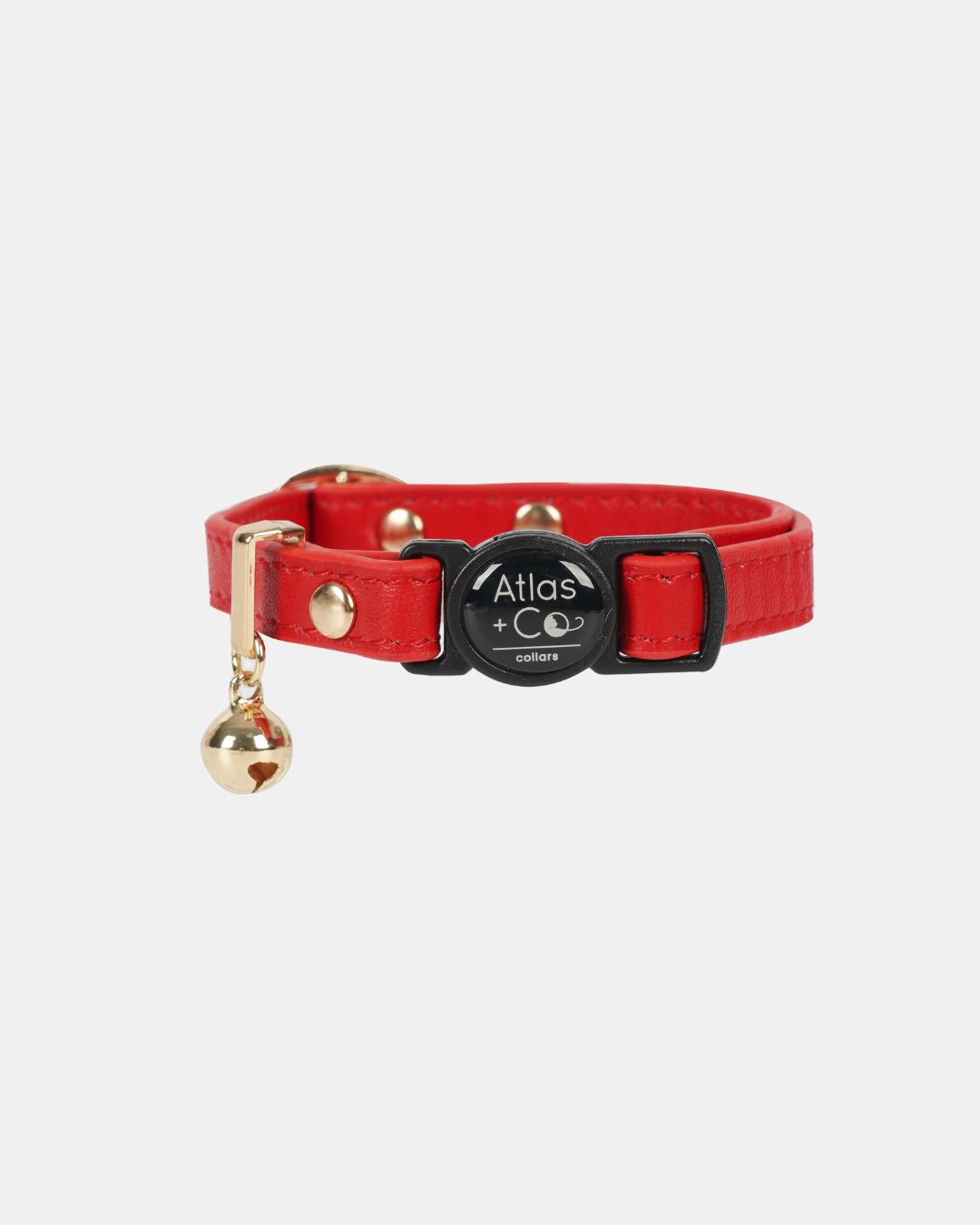 Red cat collar with a black tag and gold bell on a white background #colour_poppy