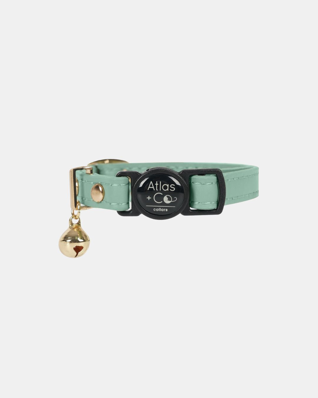 Sage green cat collar with a bell and 'Atlas & Co' tag on a white background #colour_sage