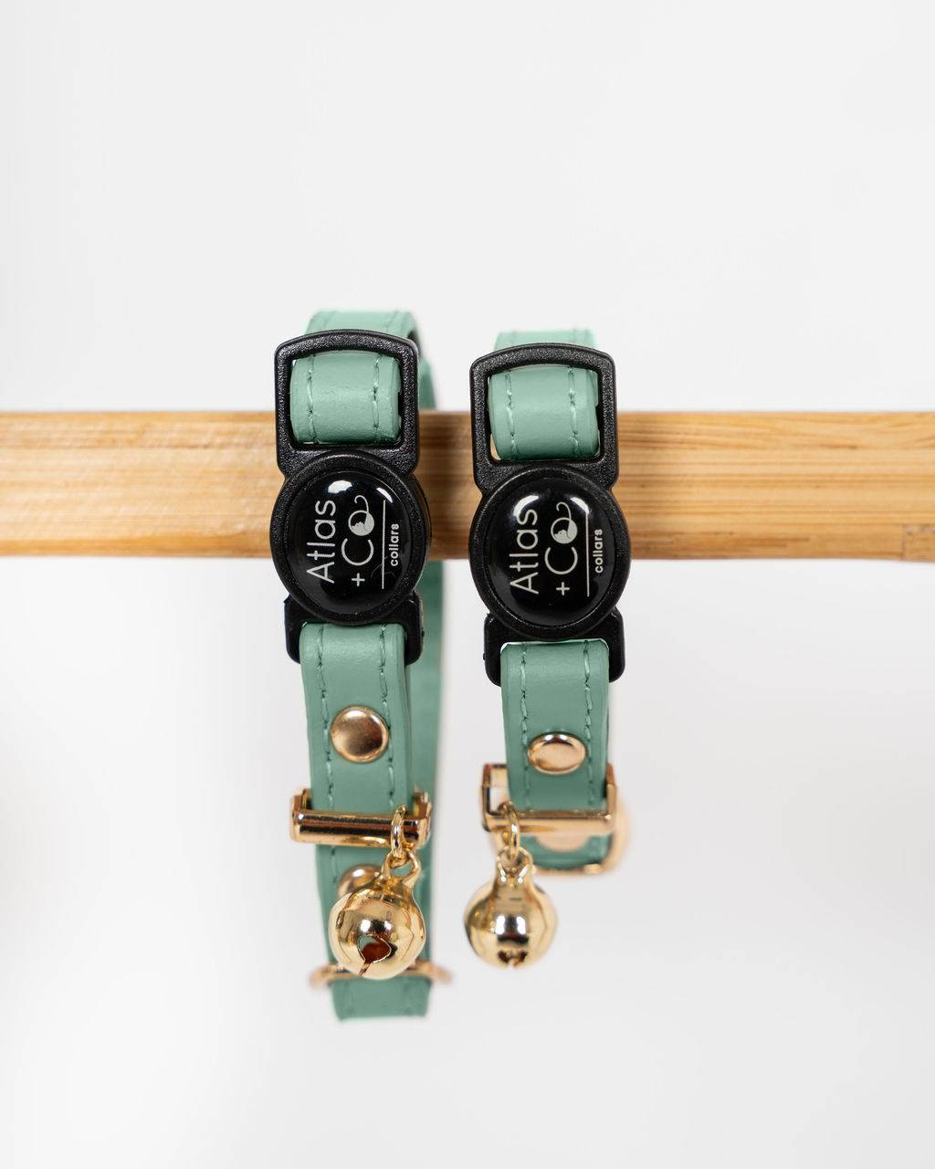 Two green cat collars with gold bells on a white background #colour_sage
