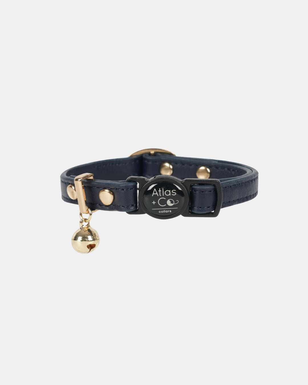 Navy blue cat collar with gold bell and 'Atlas' brand logo on a white background #colour_sailor