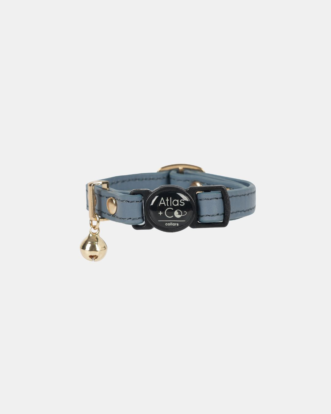 Slate blue cat collar with a gold bell on a white background #colour_storm