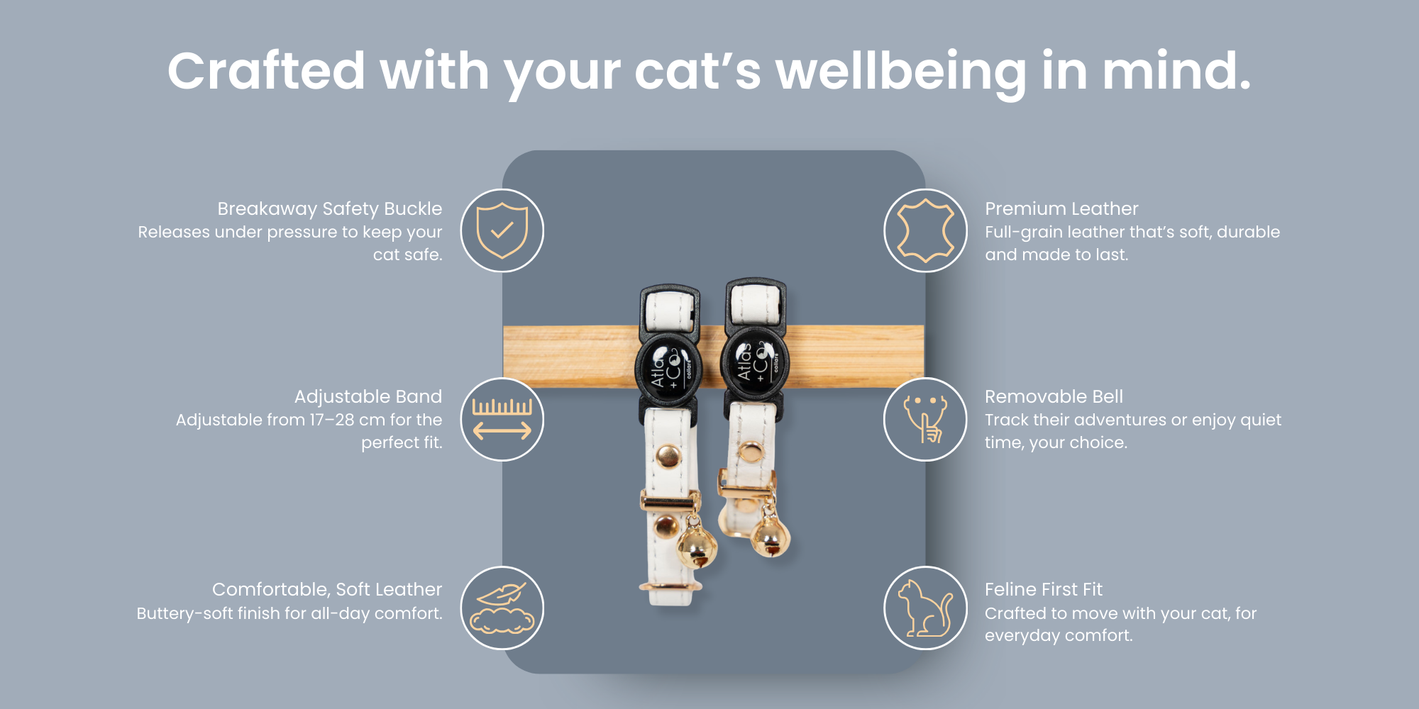 Cat collars with features listed on a gray background