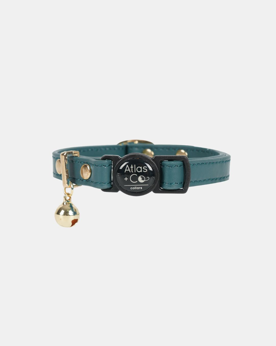 Teal cat collar with a gold bell and black label on a white background #colour_Atlas