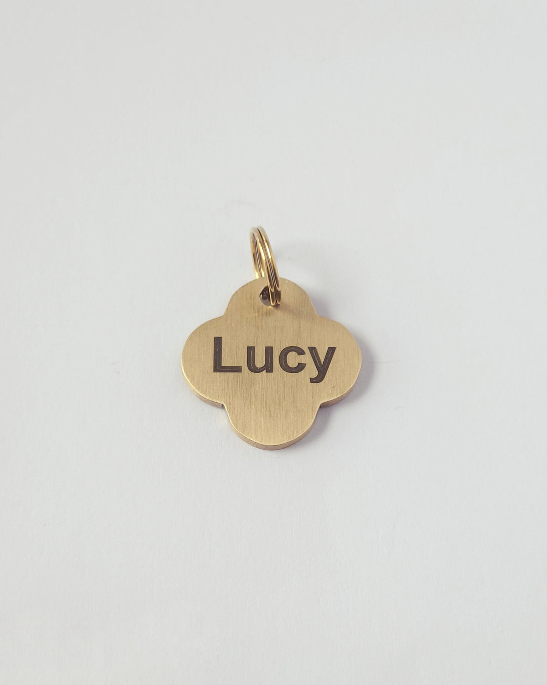 A small gold-toned metal charm shaped like a clover with the name 'Lucy' engraved in black on the center, photographed on a plain light background. #shape_motif
