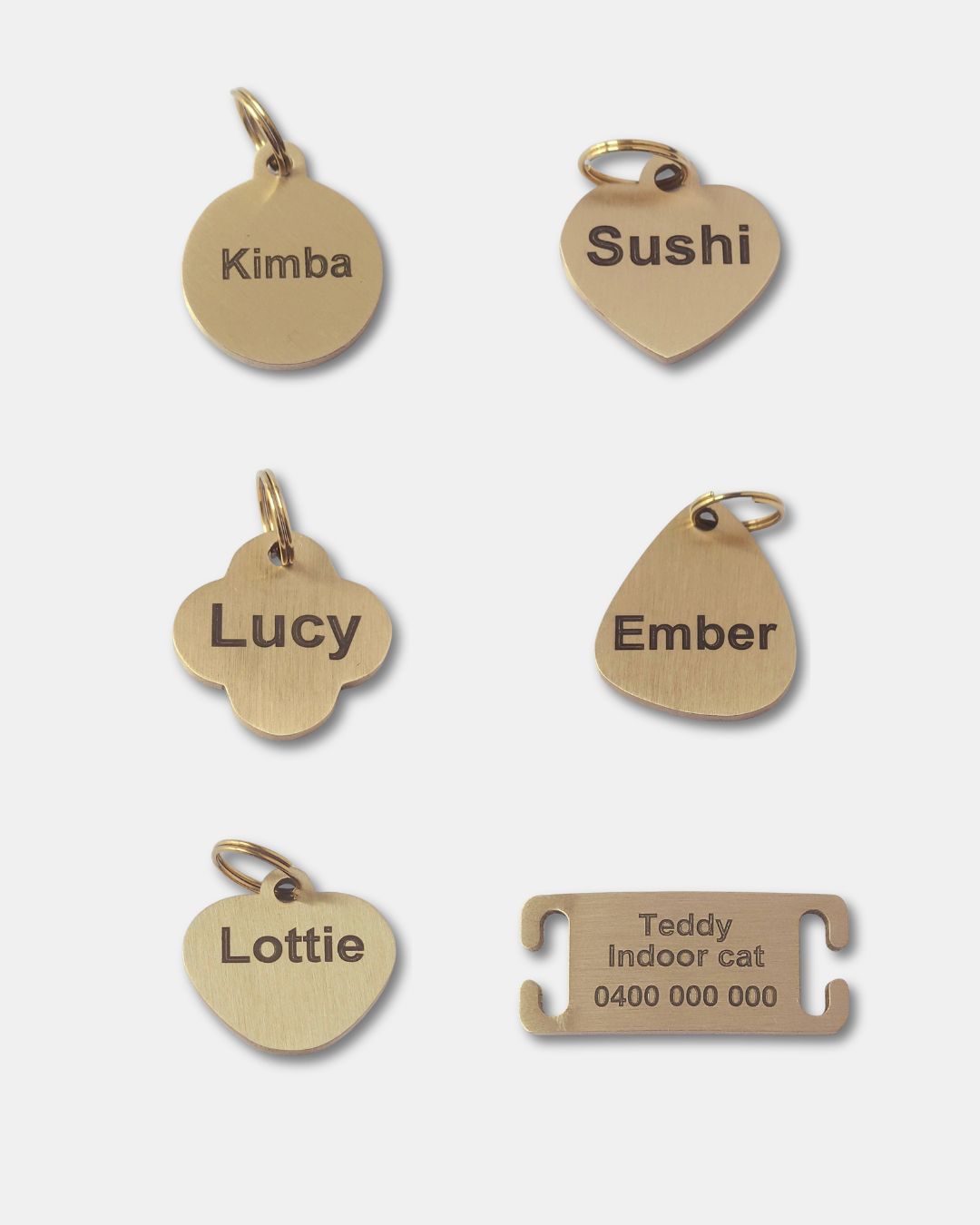 Six personalized gold-toned metal pet tags with engraved names (Kimba, Sushi, Lucy, Ember, Teddy and Lottie) on a light gray background.