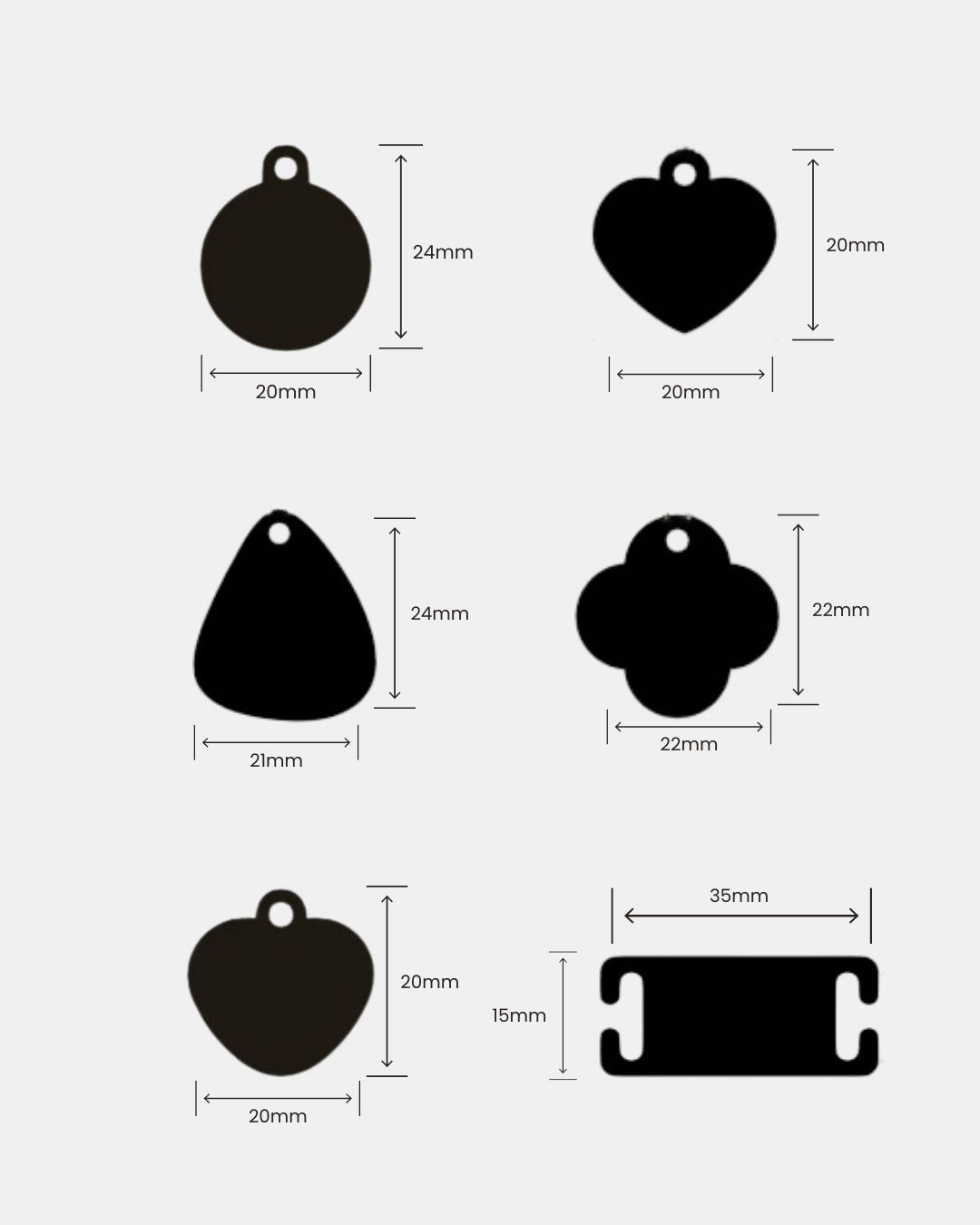 A size comparison chart showing six black pendant or tag shapes with labeled dimensions: round, heart, motif, pebble, and rounded heart, each with width and height measurements on a light gray background.