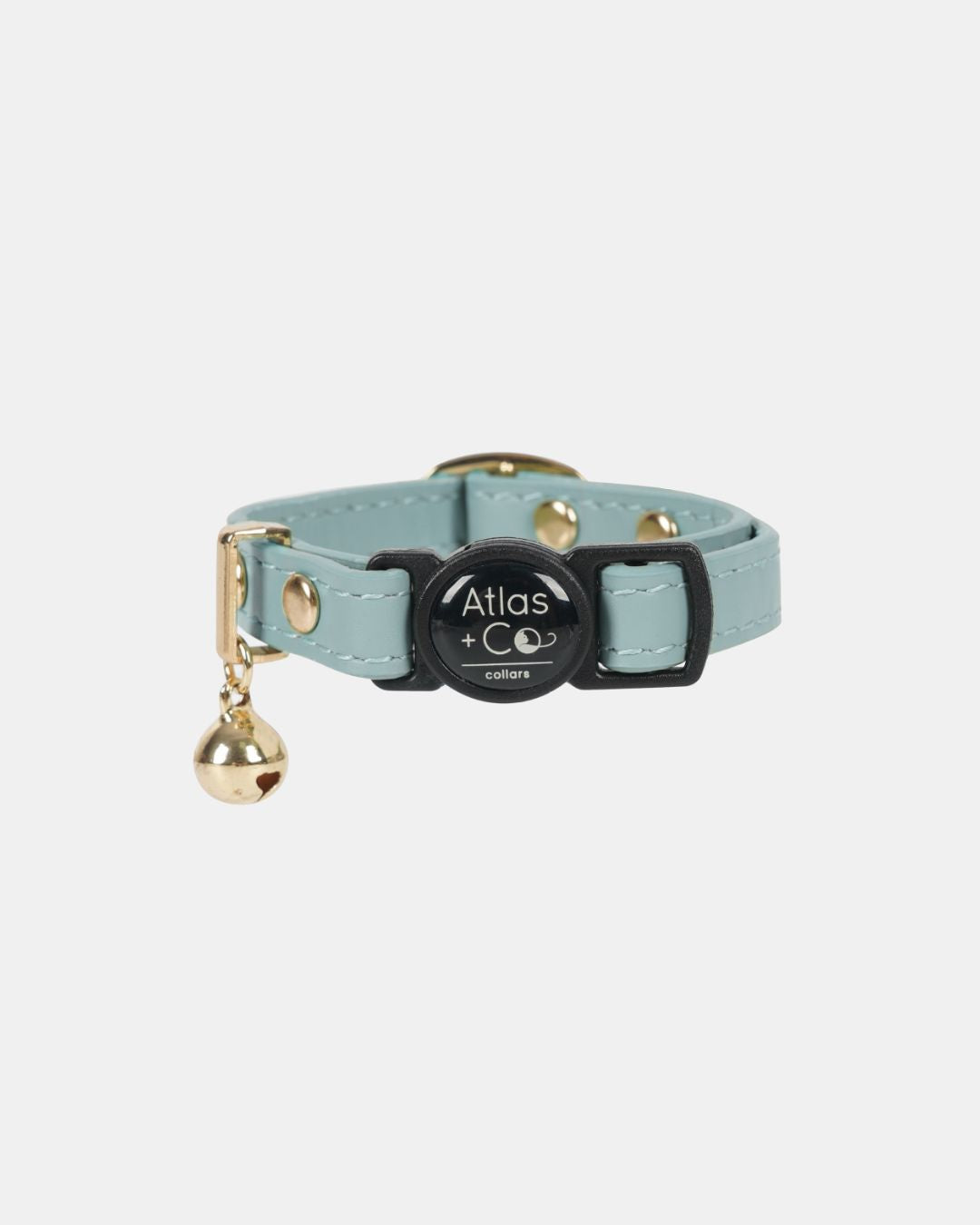 Light blue cat collar with gold accents and a bell on a white background #colour_cove