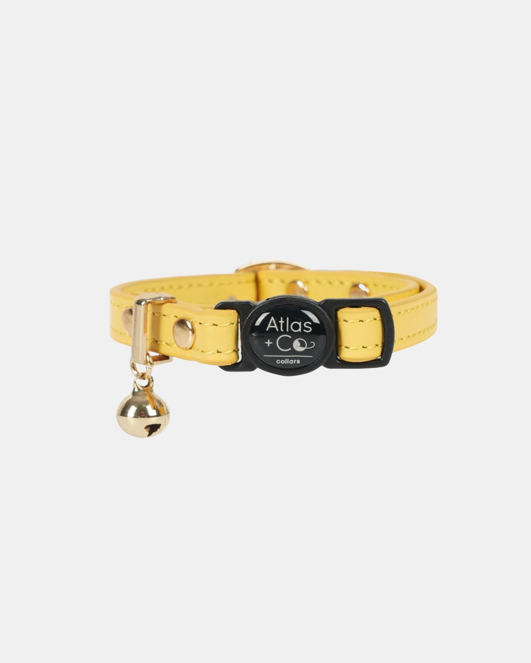 Yellow cat collar with a black buckle  and gold bell on a white background #colour_solenne