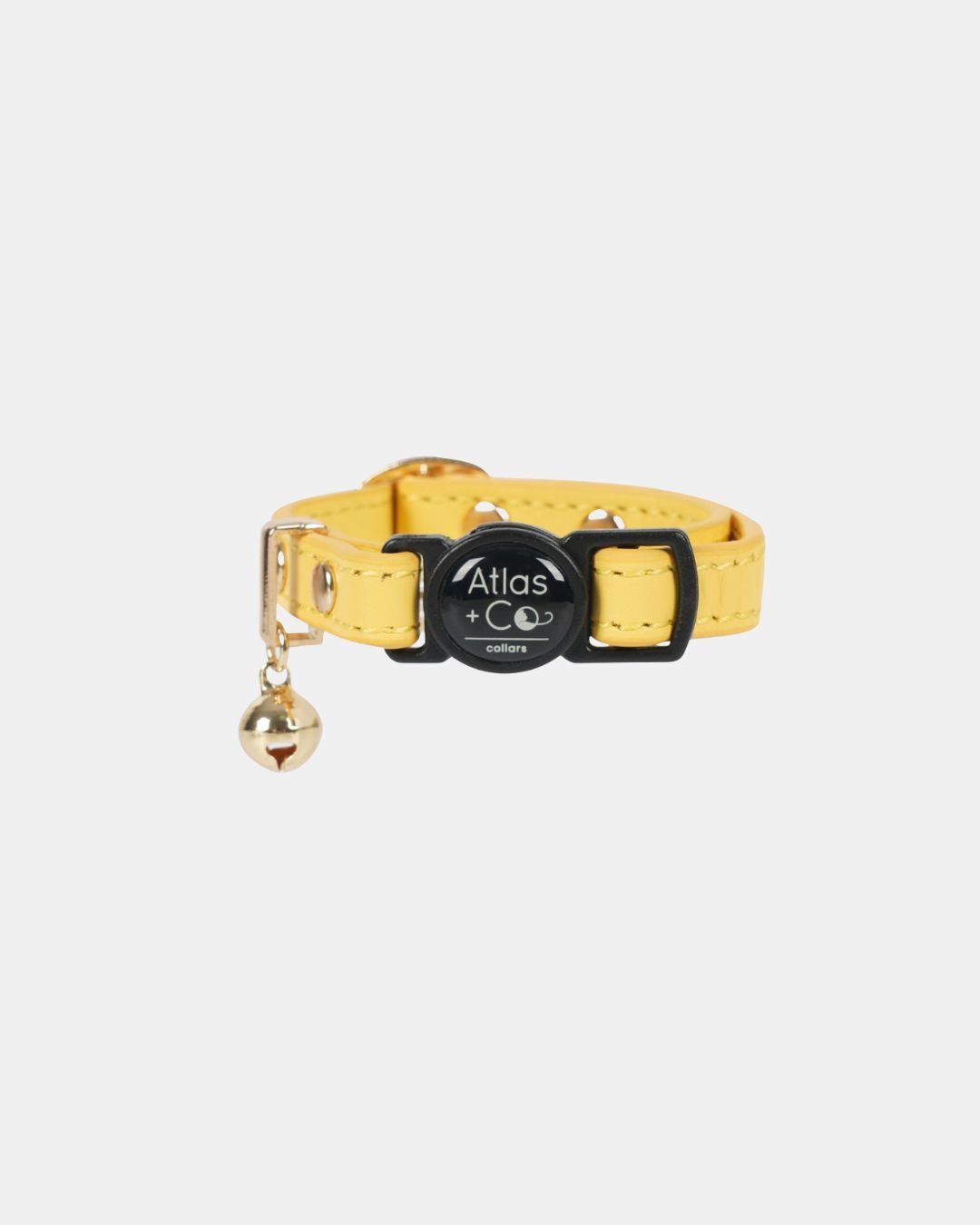 Yellow cat collar with black buckle and gold bell on a white background #colour_solenne