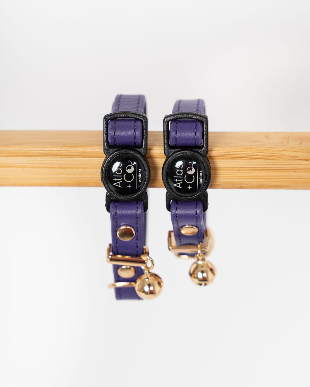 Purple cat collars with gold accents on a white background #colour_muse