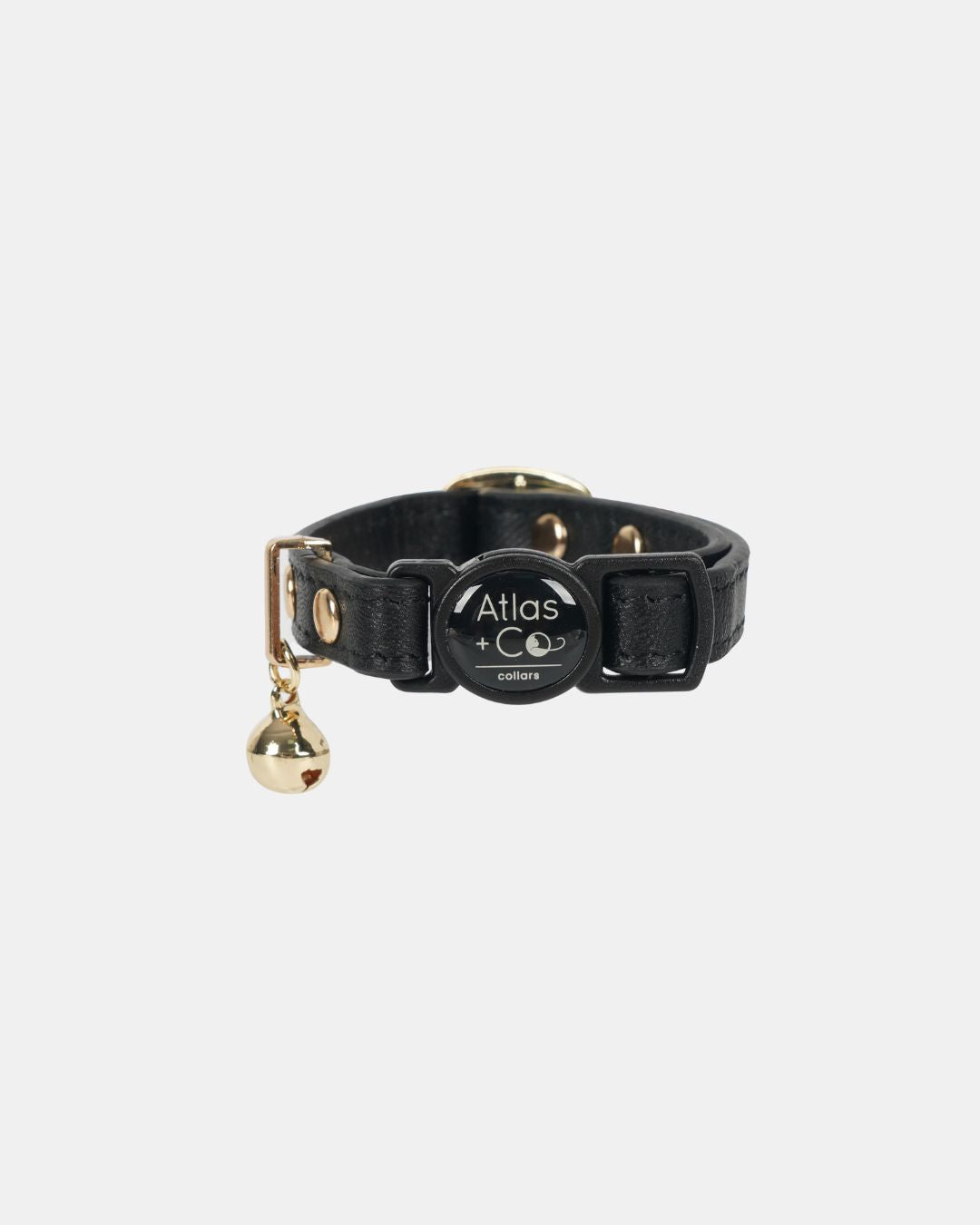 Black cat collar with gold bell and 'Atlas' tag on a white background #colour_panther