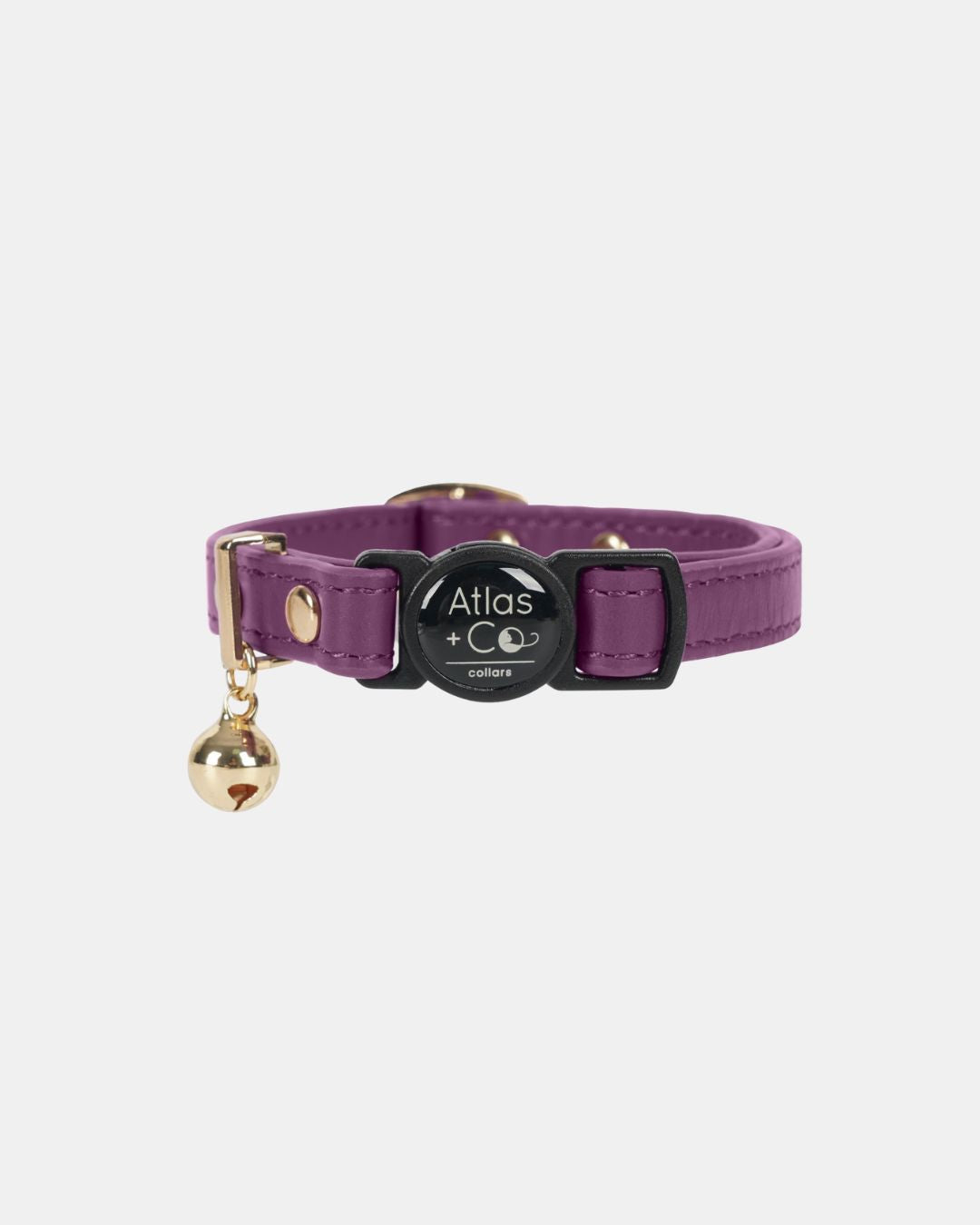 Purple cat collar with a bell and 'Atlas' tag on a white background #colour_mulberry