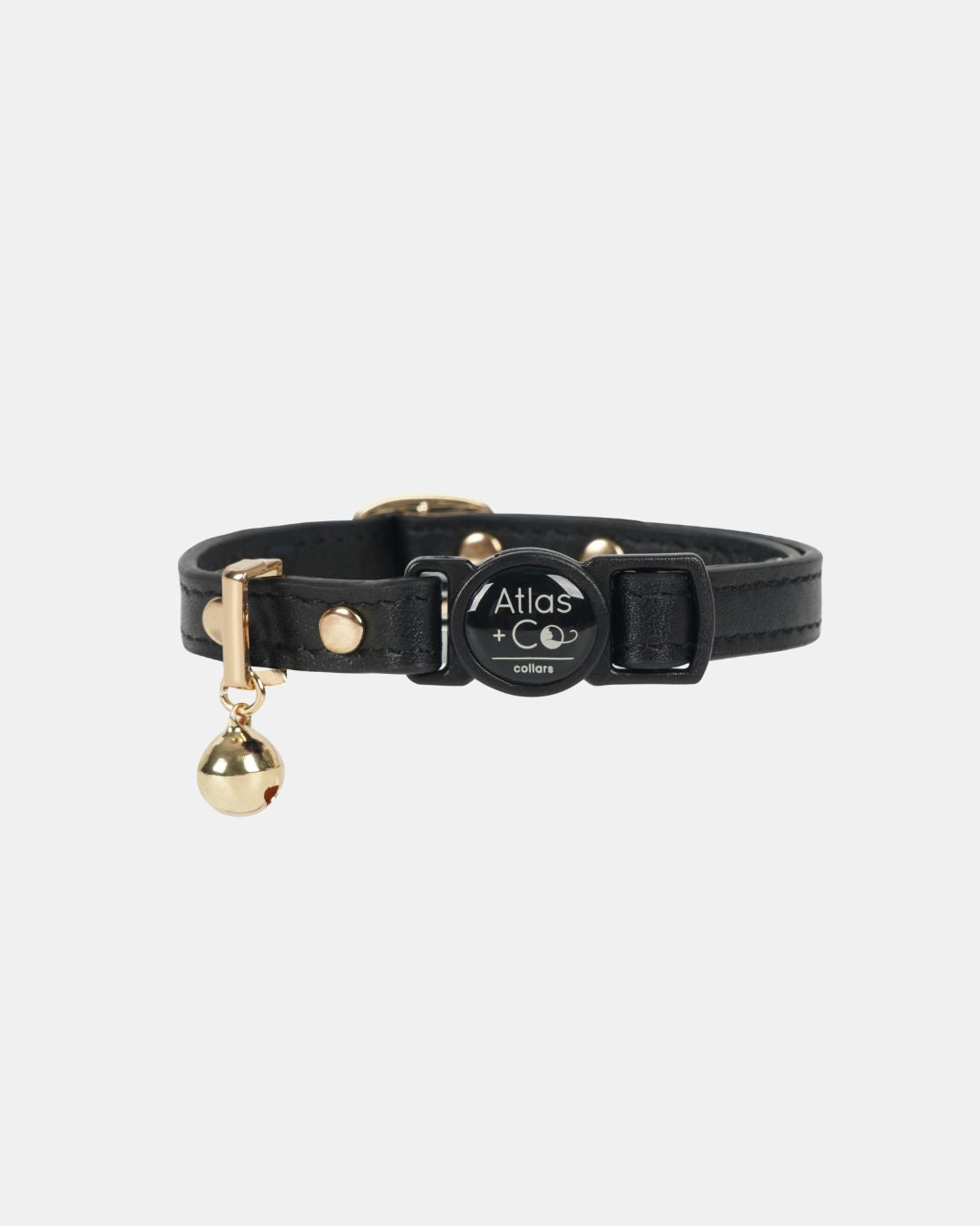 Black leather cat collar with gold bell and 'Atlas' tag on a white background #colour_panther