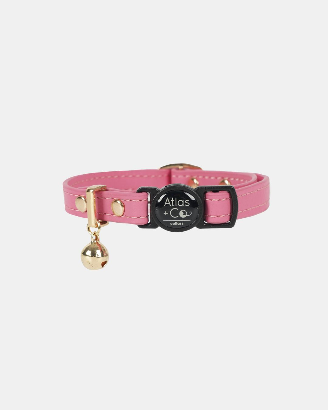 Pink cat collar with gold bell and black buckle on a white background #colour_peony