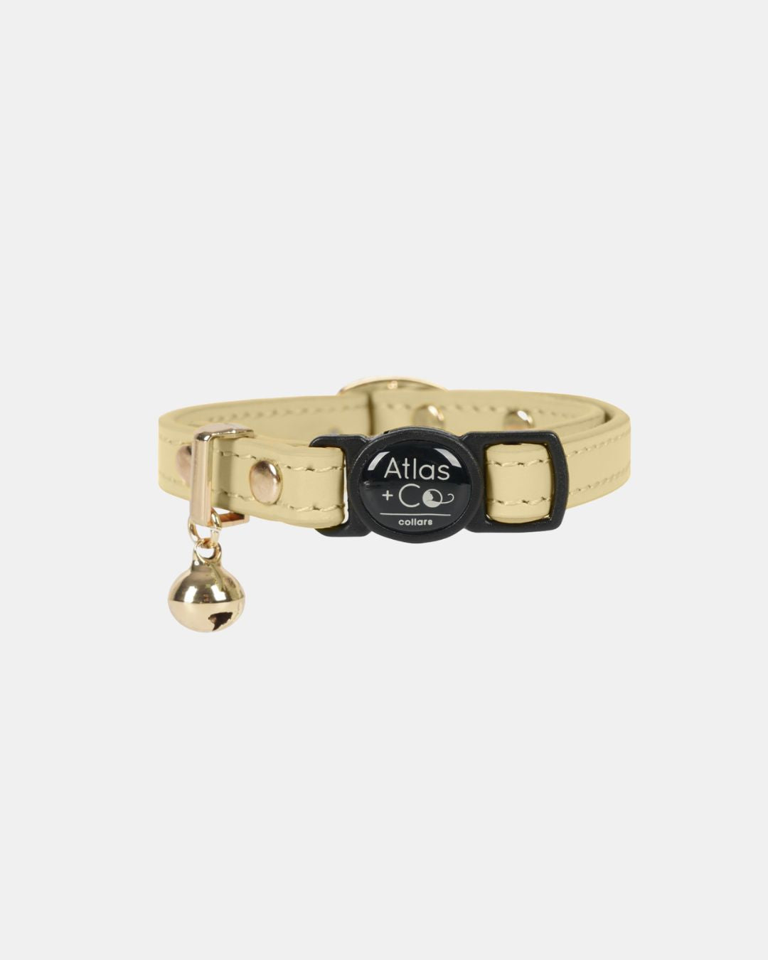 Yellow cat collar with a bell and 'Atlas' brand tag on a white background #colour_solenne