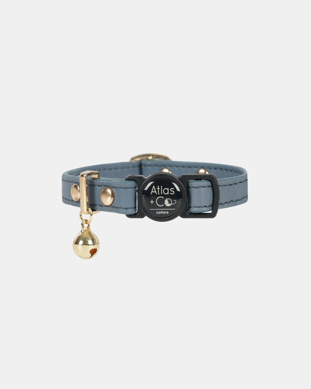 Slate blue cat collar with gold bell and 'Atlas & Co' tag on a white background #colour_storm